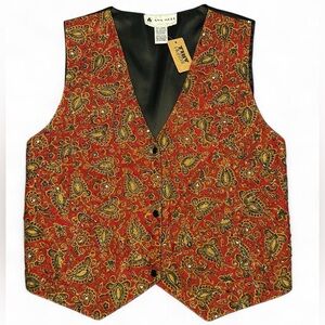 80s Red paisley beaded button down vest with black silky tie back